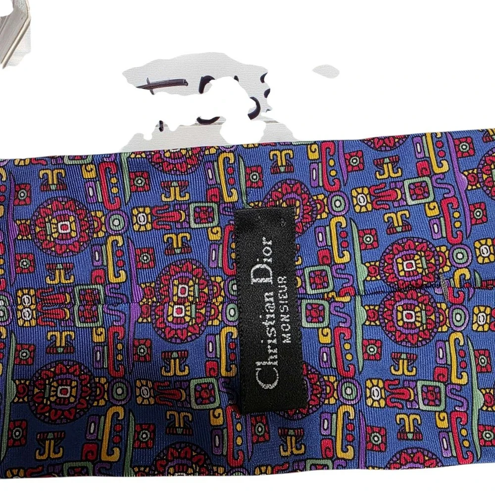 Christian Dior Mens Silk Jacquard Pattern Tie‎ Purple Green Geometric Designer